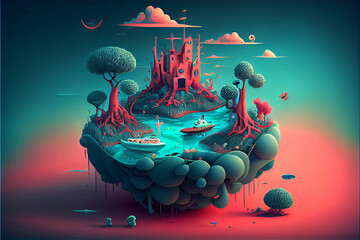 a magical island floating in the sky with mystical creatures and mystical trees with water, generative ai