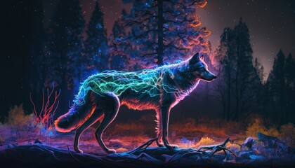 Mystic Fluorescent Fantasy: The Magical Wolf. Generative AI