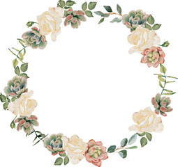 watercolor succulent pland and flower bouquet wreath frame