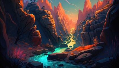 Mystic Fluorescent Fantasy Canyon. Generative AI