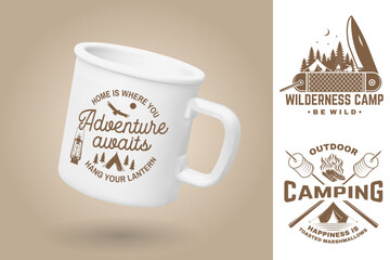 White camping cup. Realistic mug mockup template with sample design. Vector 3d illustration. Adventure awaits. Summer camp. Quotes about camping with knife, mountains, campfire, tent and forest