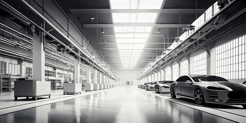 Obraz premium a car assembly factory in a wide hall . car industry. Ai generative