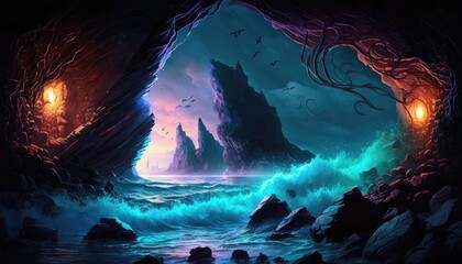 Enchanted Coastline: A Mystic Fluorescent Fantasy. Generative AI
