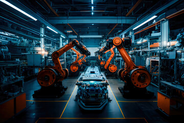 a car assembly factory in a wide hall . car industry. Ai generative