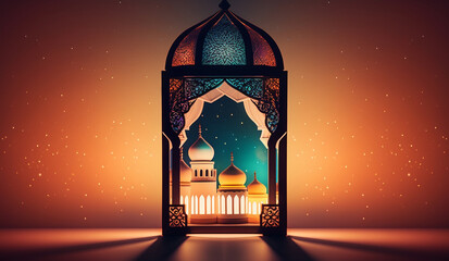 Ramadan kareem islamic greetings background with mosque gate