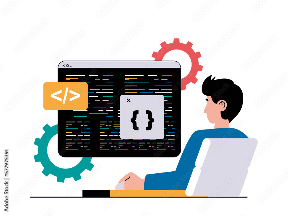 Aufkleber Programming software concept with character situation. Man works at computer and writes code, creates and optimizes pages and programs. Illustrations with people scene in flat design for web