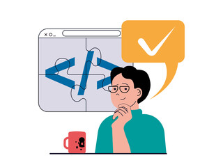 Programming software concept with character situation. Man generates ideas and finds creative solutions to optimize and fix program code. Illustrations with people scene in flat design for web