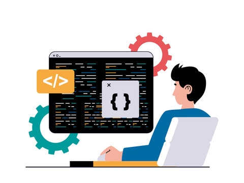 Programming software concept with character situation. Man works at computer and writes code, creates and optimizes pages and programs. Illustrations with people scene in flat design for web