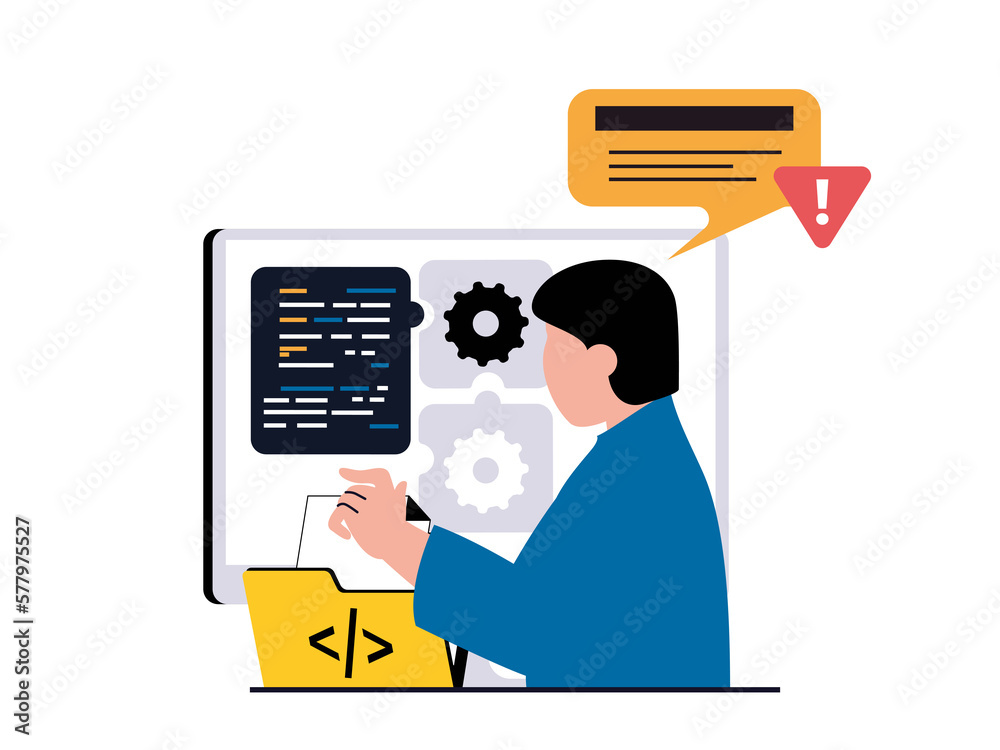 Poster Programming software concept with character situation. Man working with code part, fixing bugs and testing, technical support process. Illustrations with people scene in flat design for web