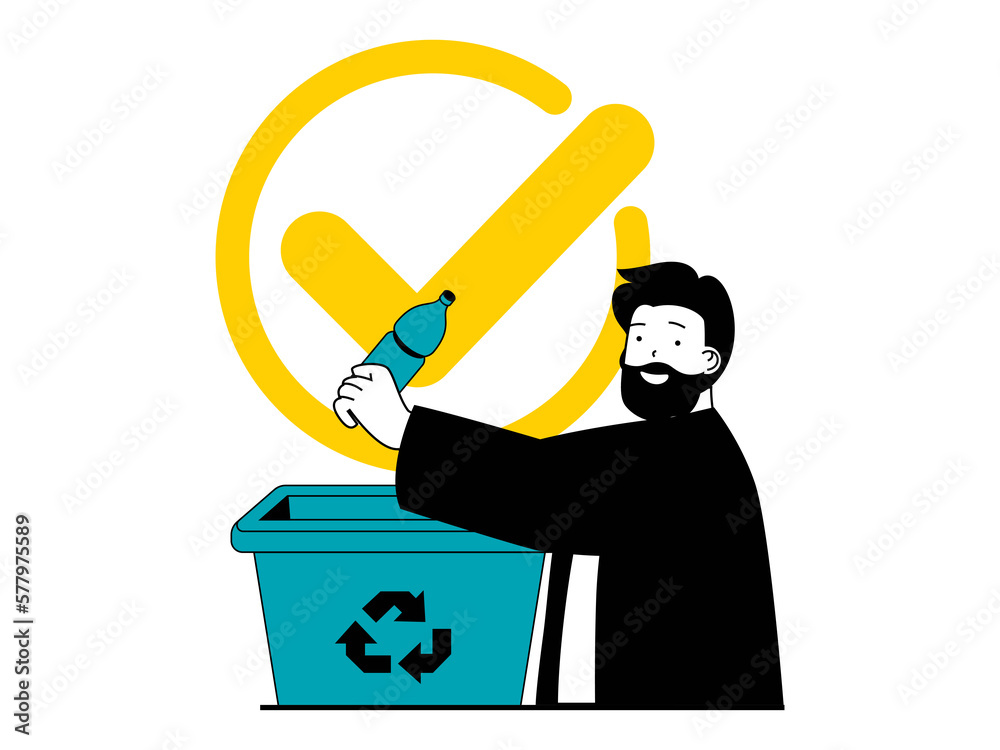 Poster Save Earth concept with character situation. Man collects and separates garbage and throws plastic bottle into container for recycling. Illustrations with people scene in flat design for web