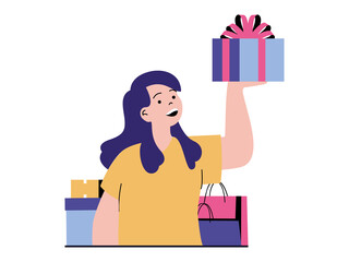 Shopping concept with character situation. Happy woman makes lot of purchases in store and receives gift under special loyalty program. Illustrations with people scene in flat design for web