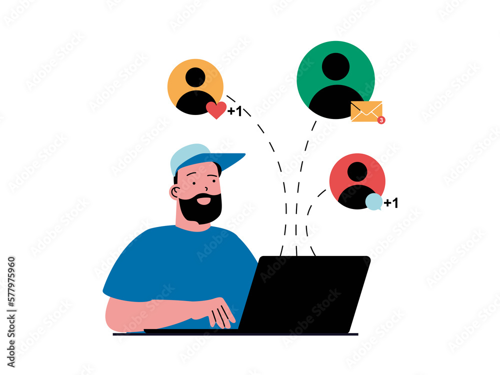 Aufkleber social network concept with character situation. man chats with friend, receives new messages, comme