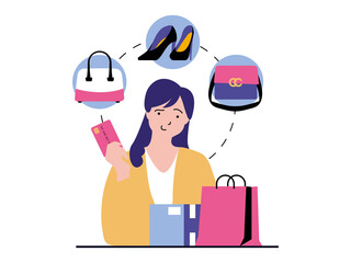 Shopping concept with character situation. Woman choosing new clothes and shoes, making lot of purchases and paying with credit card. Illustrations with people scene in flat design for web