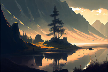 An illustration of a lake with fog and a mountain in the distance looking spooky. the sun is rising, generative ai