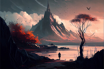 An illustration of a lake with fog and a mountain in the distance looking spooky. the sun is rising, generative ai