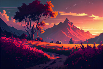 An illustration of a lake with fog and a mountain in the distance looking spooky. the sun is rising, generative ai