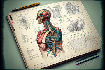 anatomy of the human body on a piece of paper with text next to it as a description, generative ai