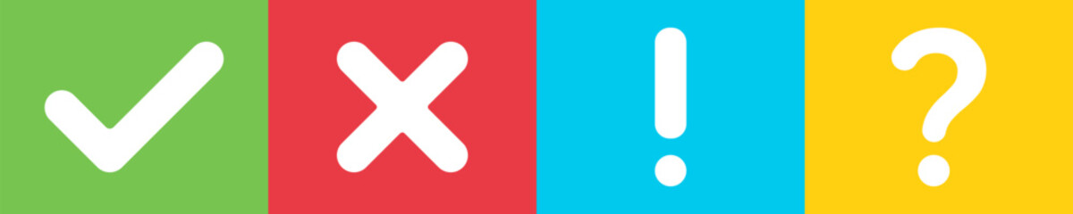 Fototapeta premium Check mark, exclamation, cross and question sign. Signs on colored background. Vector set.