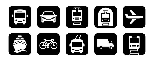 Set of transports vector icons. Black silhouette with bus, car, tram, metro, plane, train, ship, bicycle and van. Vector 10 Eps.