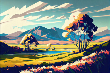 beautiful scenery drawen with watercolors, bright sky and trees and soft clouds during spring or summer, generative ai