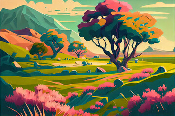 beautiful scenery drawen with watercolors, bright sky and trees and soft clouds during spring or summer, generative ai