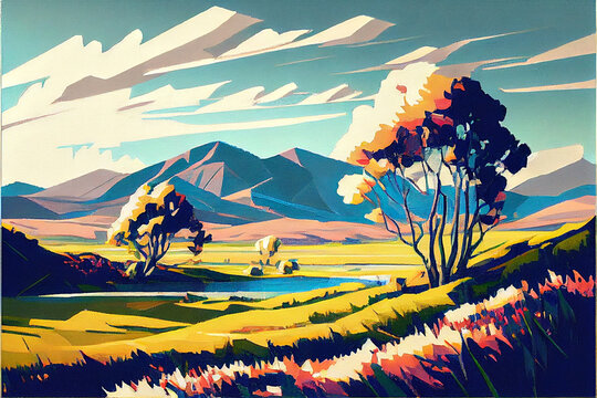beautiful scenery drawen with watercolors, bright sky and trees and soft clouds during spring or summer, generative ai