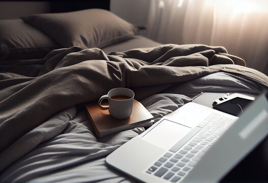 Close Up White Coffee Cup And Laptop On The Bed With Soft Light From Window, AI Generated