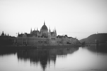 Fototapeta na wymiar Budapest, Hungarian Parliament black and white photo.