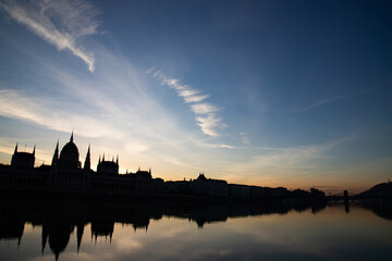 Budapest, Hungarian Parliament silhouette, beautiful panoramic view.