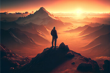 Fototapeta premium A Person Standing on A Mountain Looking at the Distance where one can see the sun created with Generative AI
