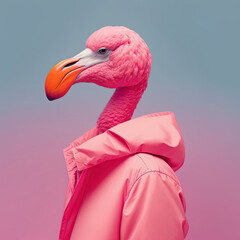 Fashion flamingo in coat. Magenta pink monochrome portrait. Generative - obrazy, fototapety, plakaty