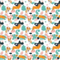 Fototapeta premium Corgi dog wallpaper with leaves, palms, flowers, plants. Pastel green, pink, navy. Holiday abstract natural shapes. Seamless floral background with dogs, repeatable pattern. Birthday wallpaper. 