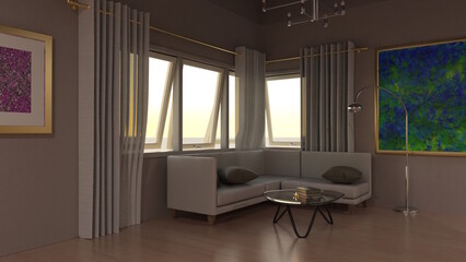 テレビ会議背景用 ZOOM会議背景用 CG 窓から光の入る部屋 Luxury Room ラウンジ ロビー テーブル ソファ 3D Rendered Images video conferencing for using in video conference and as a zoom background.