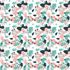 Dalmatian dog wallpaper with leaves, palms, flowers, plants. Pastel green, pink, navy. Holiday abstract natural shapes. Seamless floral background with dogs, repeatable pattern. Birthday wallpaper. 