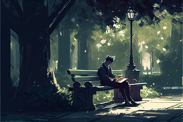 Illustration of a man sitting on a bench and reading a book in the park created with generative ai