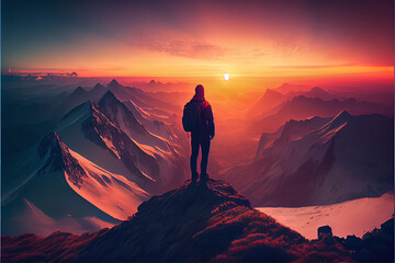 Obraz premium A Person Standing on A Mountain Looking at the Distance where one can see the sun created with Generative AI