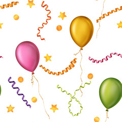 Seamless pattern illustration of colorful balloons, ribbons and confetti on the transparent