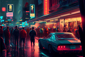 An illustration of a busy street in a futuristic city resembling tokyo with neon lights and cars and people on the street at night, generative ai