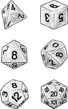 A Set Of Common Game Dice Used For Roleplaying RPG Or Fantasy Tabletop Board Games In A Vintage Retro Woodcut Style