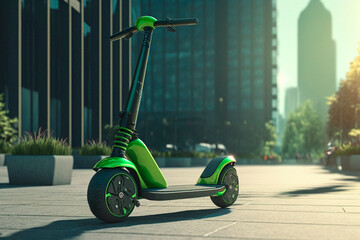 Electric scooter rental. Generative AI. Concept of clean economical urban transport. Scooters for rent in parking lot on background of modern buildings. Image for article, brochure, site.