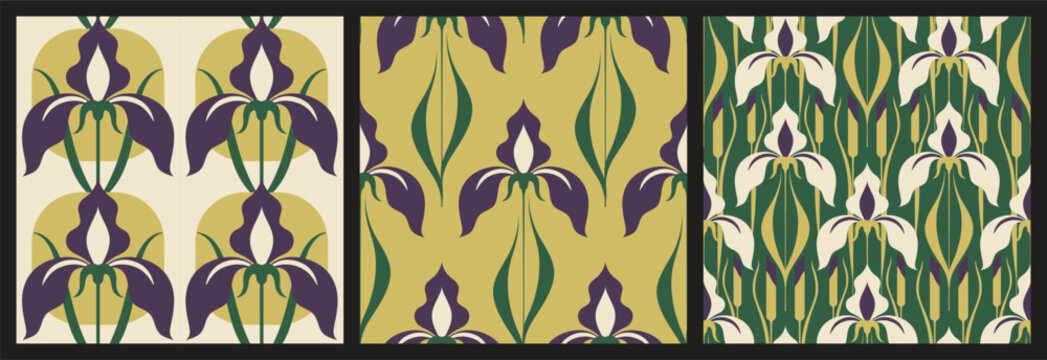 Seamless floral pattern, vintage flower print with decorative art iris flowers in set. Elegant botanical design with iris flowers on stems, leaves. Background in art nouveau style. Vector illustration