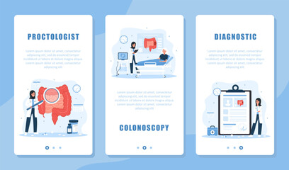 Fototapeta na wymiar Proctology banner set. Intestine exam and treatment. Arabian female proctologist make diagnosis and choose therapy. Colonoscopy concept. Vector illustration in cartoon style. Prevention of cancer.
