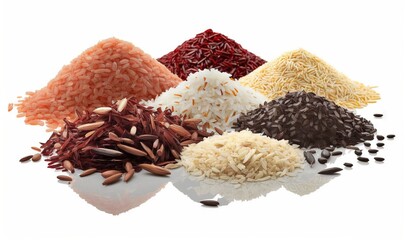  a variety of rices and grains on a white background.  generative ai