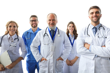 Group of happy doctors in hospital corridor, portrait.