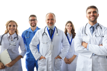 Group of happy doctors in hospital corridor, portrait.