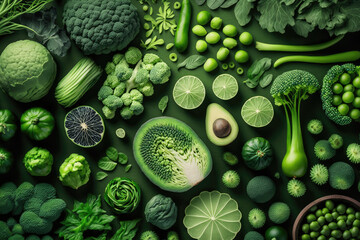 Healthy natural Green food lay out texture background. Created with Generative AI technology. - obrazy, fototapety, plakaty