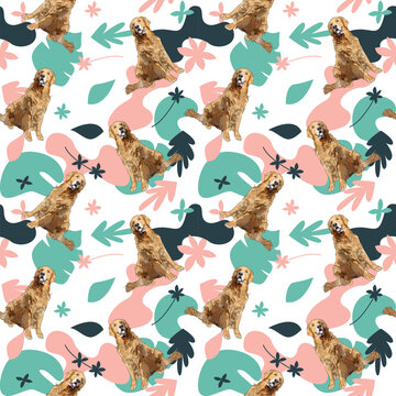 Golden Retriever dog wallpaper with leaves, palms, flowers, plants. Pastel green, pink, navy. Holiday abstract natural shapes. Seamless floral background with dogs, repeatable pattern.Birthday.