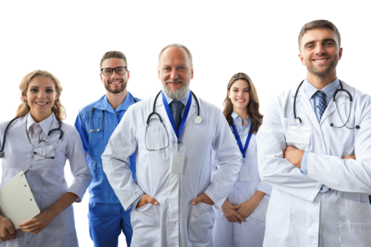 Group of happy doctors in hospital corridor, portrait.