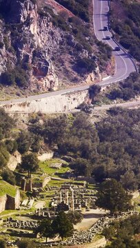Historical place, ruins of ancient city of Delphi, Ancient Greece, vertical short reel