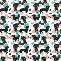 Obraz premium Dachshund dog wallpaper with leaves, palms, flowers, plants. Pastel green, pink, navy. Holiday abstract natural shapes. Seamless floral background with dogs, repeatable pattern. Birthday wallpaper. 